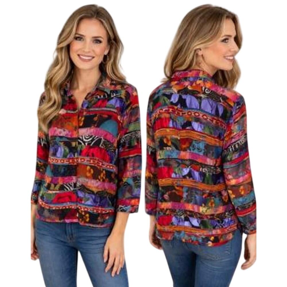 Chicos Vintage Silk Blend Top Size 2 (Womens Large) Colorful Mixed Print Button